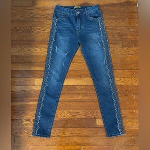 Women's Dark Blue Embellished Side Seam Skinny Jeans With Sparkly Beads